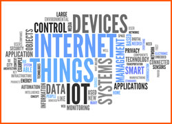 Word cloud comprised of technology terms such as Internet of Things, data, and systems