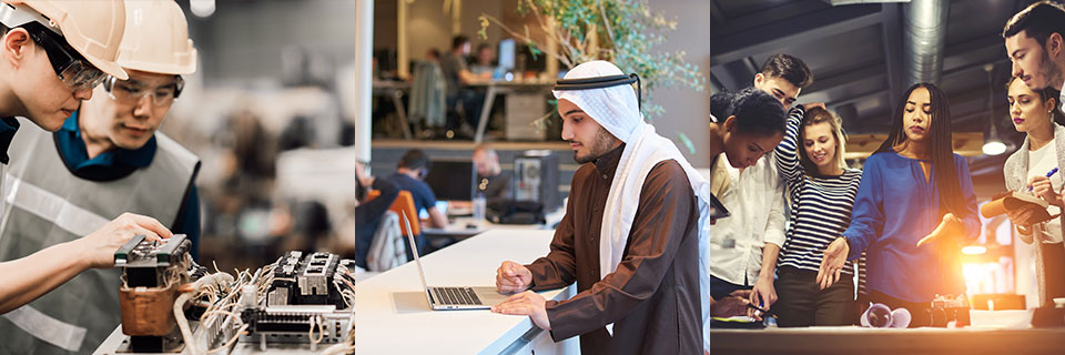 Two diverse engineers wearing hard hats work together; a man wearing a keffiyeh works on a laptop; a multicultural group of six collaborate on a project.