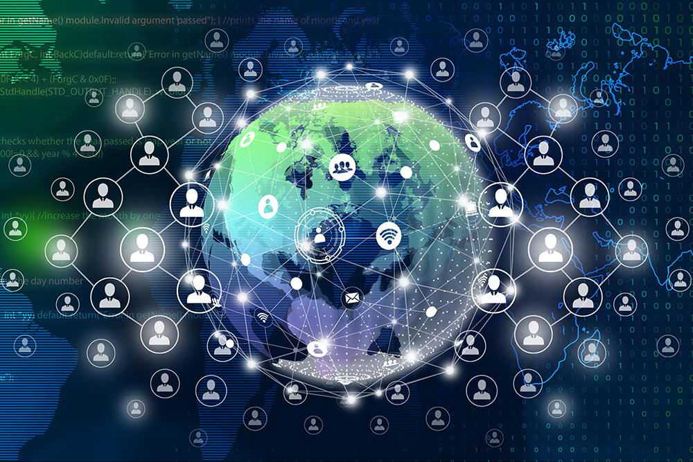 Illustration of a globe with user icons connected all around it.