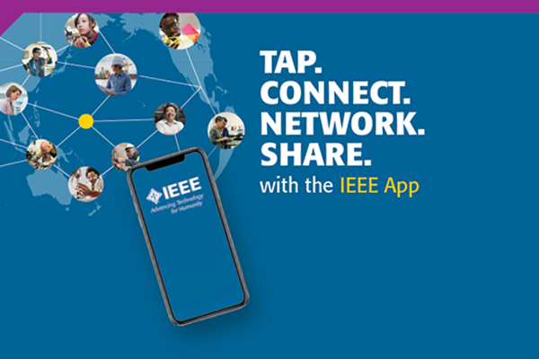A cell phone on a blue background with connected faces on it. The text reads 'Tap. Connect. Network. Share. with the IEEE App.'