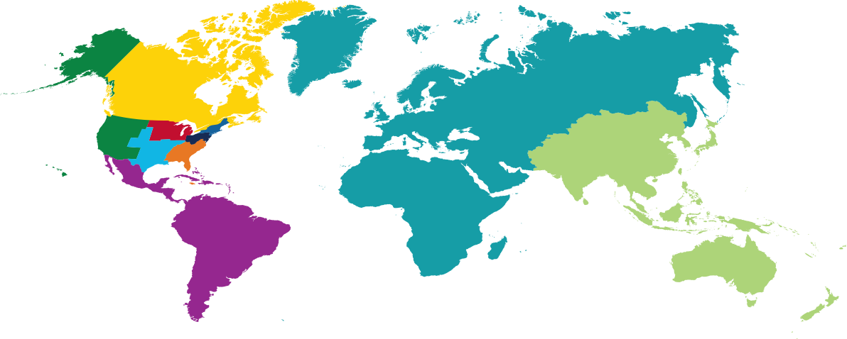 Map of the world in colors corresponding to each IEEE Region.